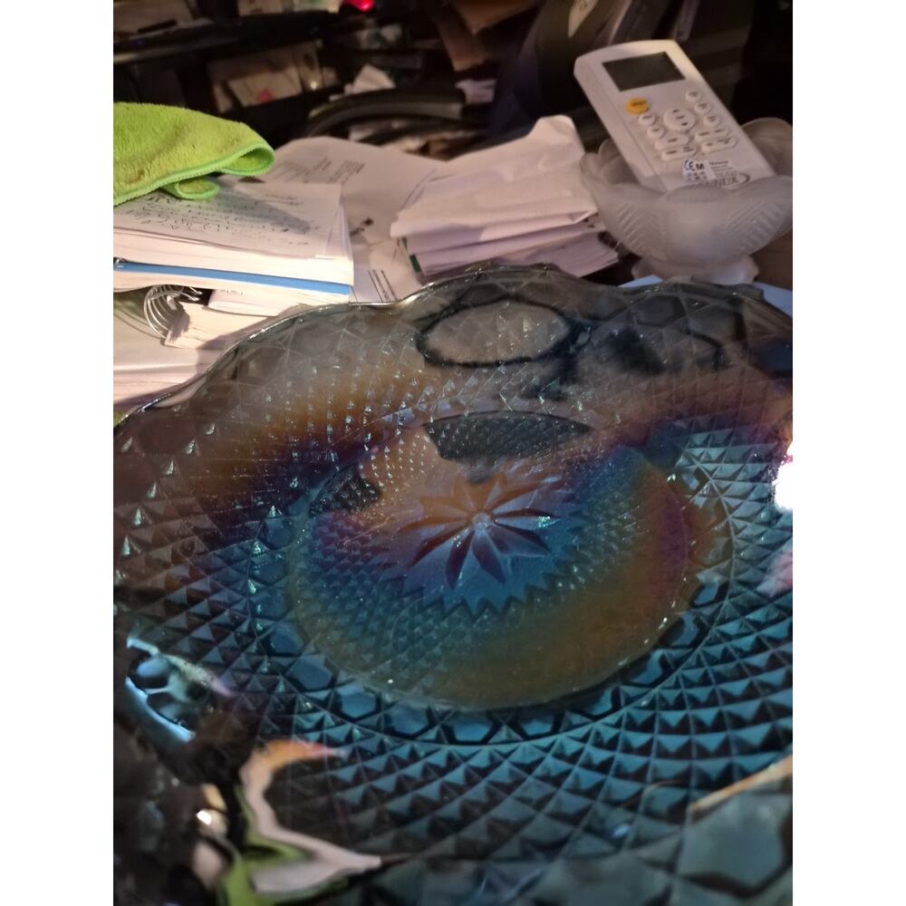Vintage Indiana Glass Windsor Blue Carnival Glass Crimped Bowl